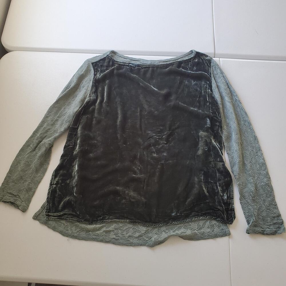 Cut Loose Blouse Women Medium Green Velvet Scoop Neck Long Sleeve Textured Fairy
